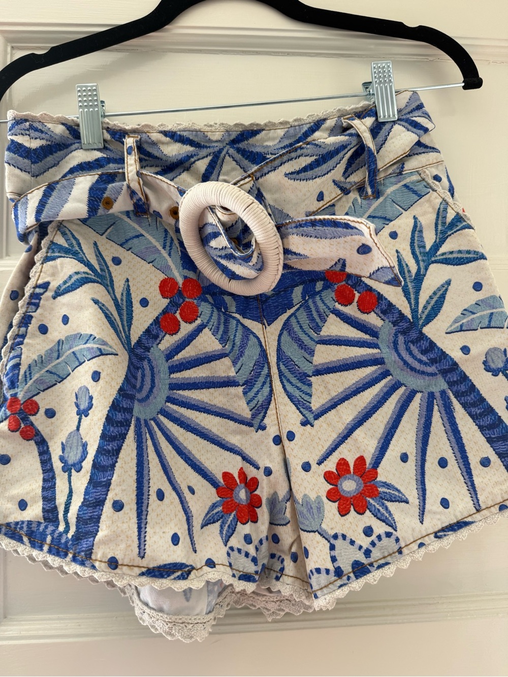 FARM Rio Cream Shorts with Blue Palm Embroidery and Red Floral Accents